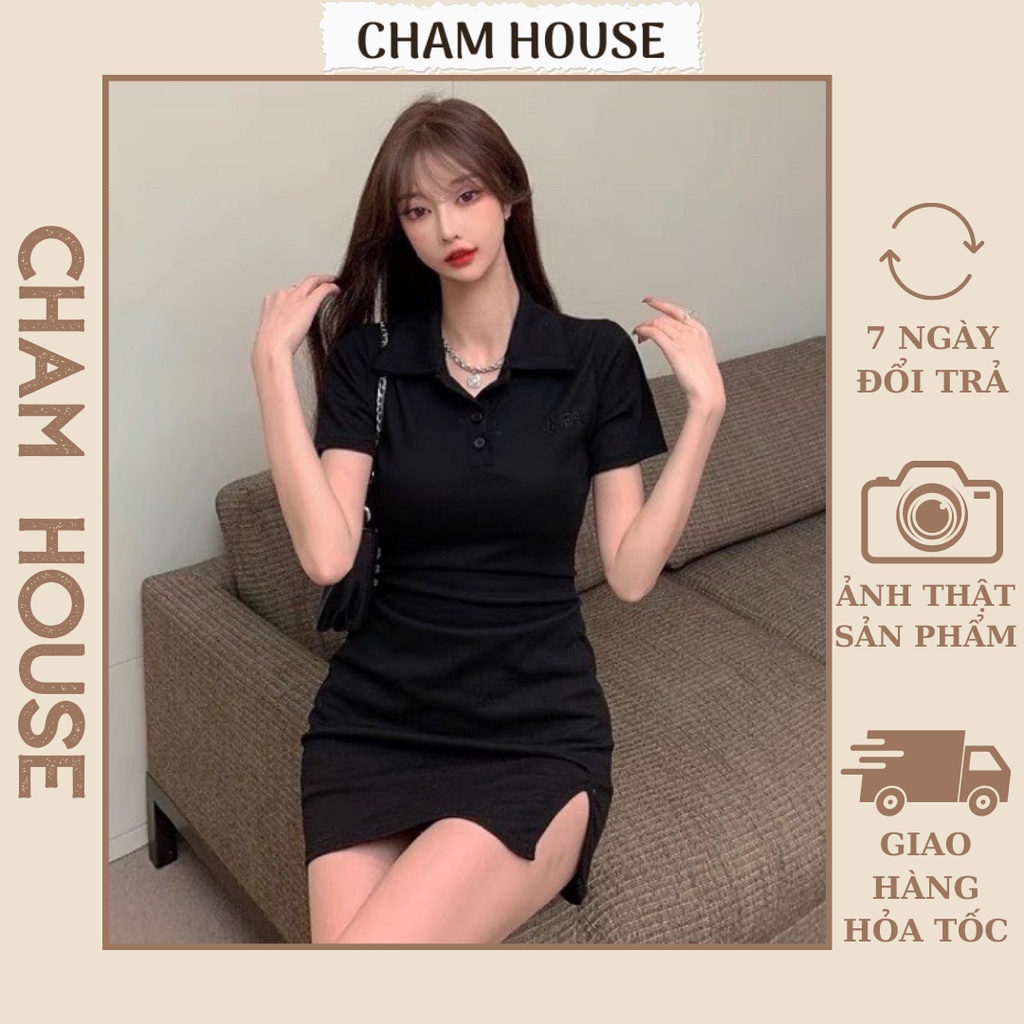 Đầm Body Cổ Bẻ Polo Xẻ Trước Chất Thun Gân Tăm Váy Ôm Sexy Nữ Thiết Kế Đi Dự Tiệc