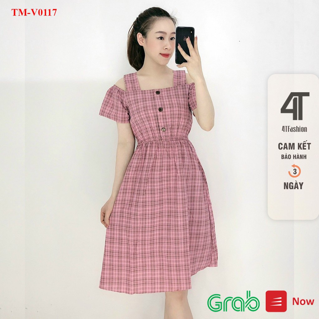 Váy babydoll nữ 4T Fashion - Váy suông nữ kẻ caro cổ vuông chất cotton siêu mát