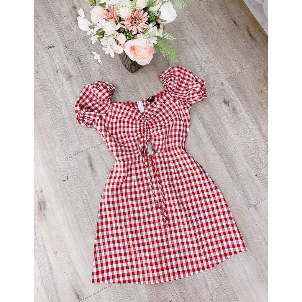 Đầm caro kate rút ngực hở eo dịu dàng TTSA0411