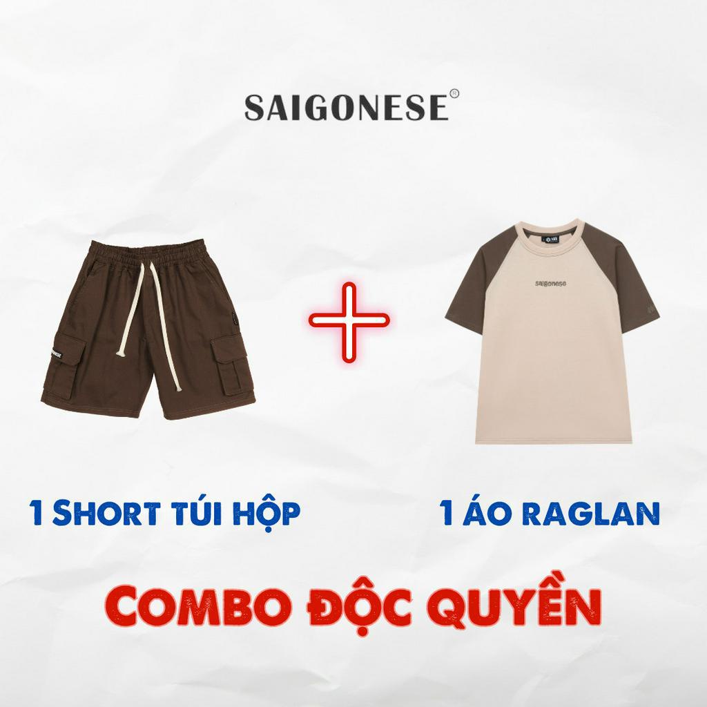 Combo 7 SAIGONESE Áo Thun Raglan Kem Tay Nâu + Short Cargo Túi Hộp Nâu