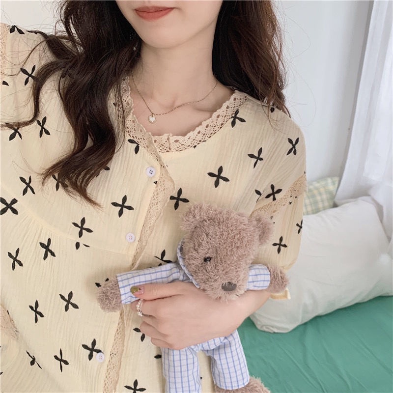 Set đồ ngủ ngắn tay dáng rộng phối ren phong cách Nhật Bản Hàn Quốc thời trang hè cho nữ