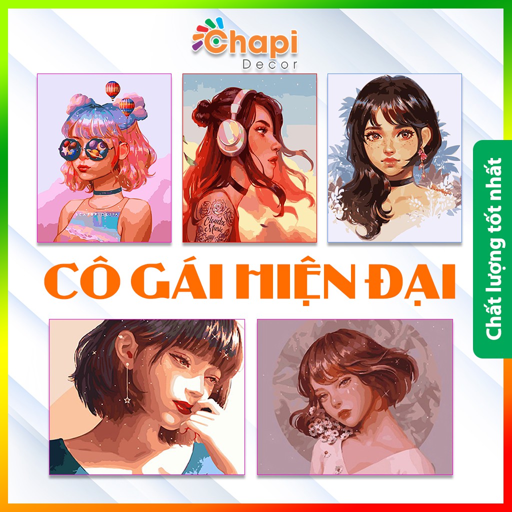 Tranh Tô Màu Số Hóa Cô Gái Hiện Đại, Tranh sơn dầu số hóa, Đã căng khung, Có dầu bóng, Free ship