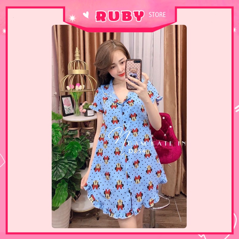 Đầm ngủ Hoạt Hình Minnie họa tiết dễ thương, chất kate mịn đẹp Free Size Dưới 55KG ❤ Rubystorevn