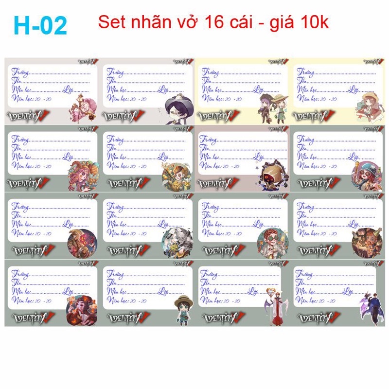 nhãn vở Anime ldentity V 20-140  cái khác nhau/ nhãn vở ldentity v