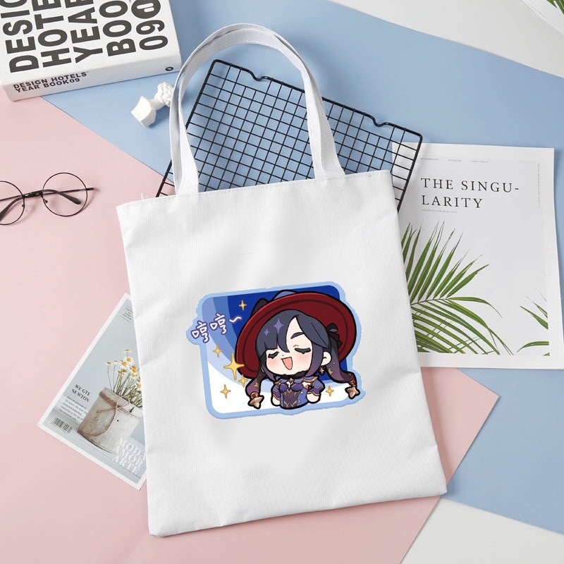Túi tote vải trắng đeo vai in hình nhân vật GENSHIN IMPACT tiện lợi thời trang anime chibi M2