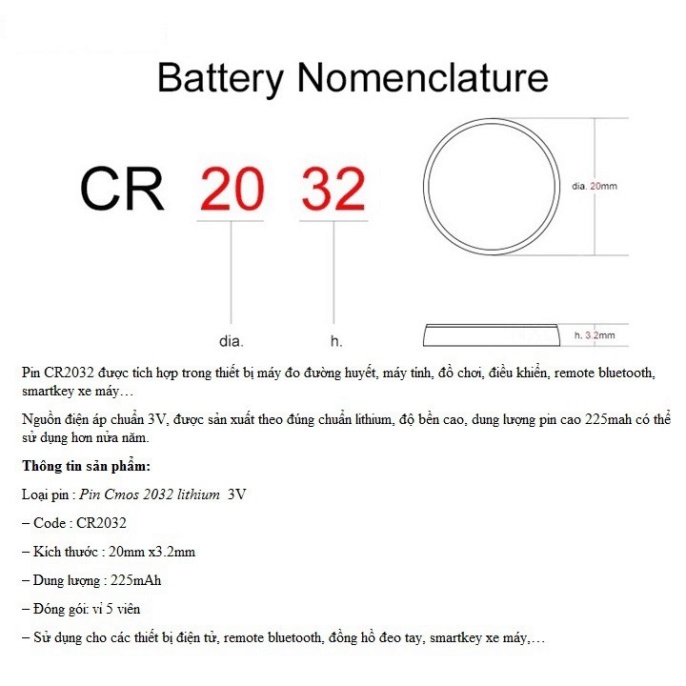 Pin cúc áo CR2032 vỉ 5 viên pin siêu bền