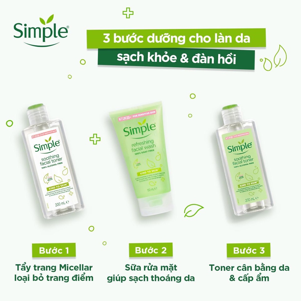 Combo dưỡng da dịu nhẹ Simple chính hãng Sữa rửa mặt + Nước hoa hồng + Nước tẩy trang cho da sạch khỏe đàn hồi