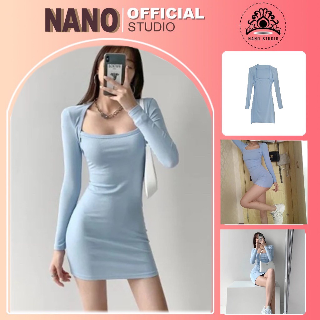 Đầm cổ vuông dài tay🌼NaNo Studio🌼 Váy xanh ôm sát tôn dáng hot trend cho nữ | BigBuy360 - bigbuy360.vn