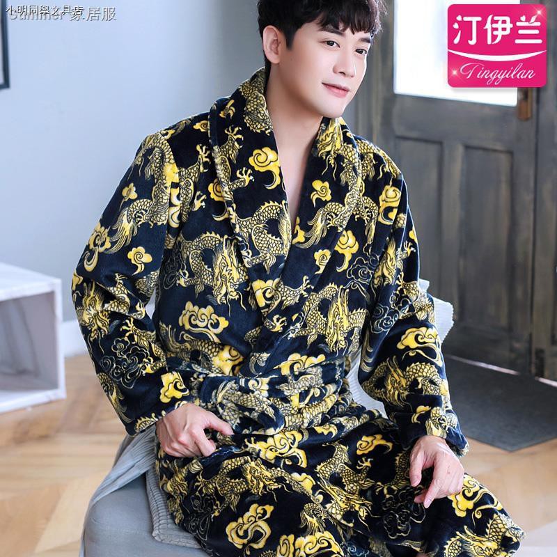 Áo Choàng Ngủ Vải Lông Cừu San Hô Dày Kiểu Kimono Cá Tính Cho Nam