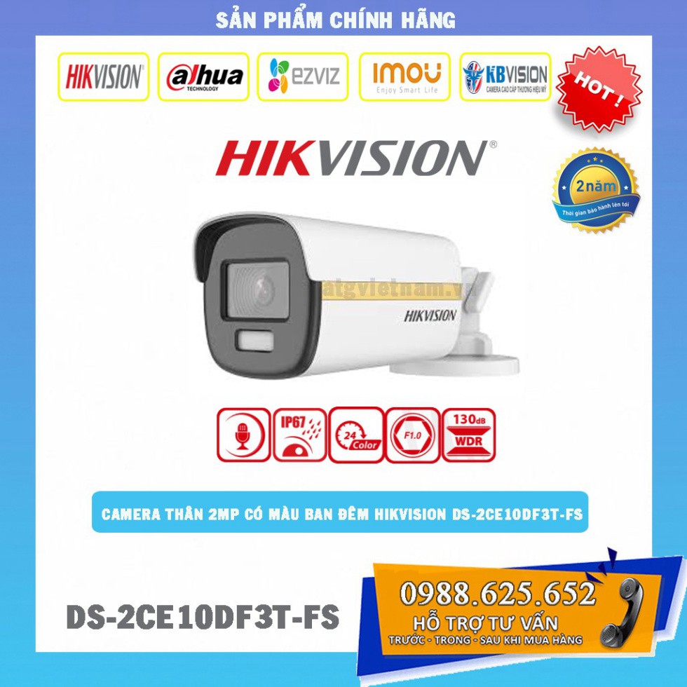 [CHIẾN BINH BÓNG TỐI] Camera thân trụ ngoài trời Hikvision 2MP Full HD Ban Đêm Có Màu DS-2CE10DF3T-F - HÀNG CHÍNH HÃNG