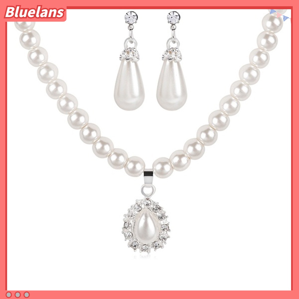 Bộ Vòng cổ + Đôi Bông Tai Hình Giọt Nước Đính Ngọc Trai Giả Thời Trang Cho Nữ