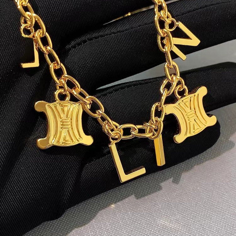 'Boutique Spot'C LOGO TRIOMPHE Vàng Hoàn thiện Brass Necklace Bracelet Set Hàn Quốc 2022 Mới tái tạo thanh lịch Vintage Thời trang Không phai cho phụ nữ B109/B050