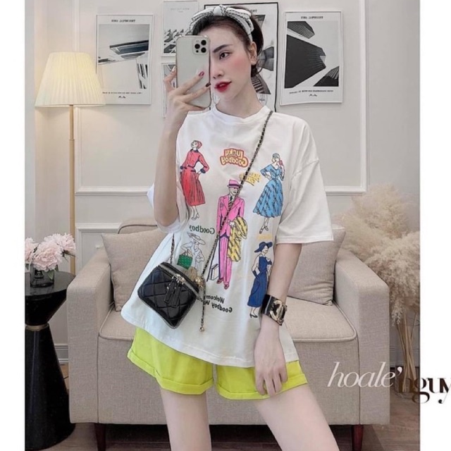 Set bộ áo phông trắng suông hoạt hình mix quần sooc cạp chun siêu xinh L1