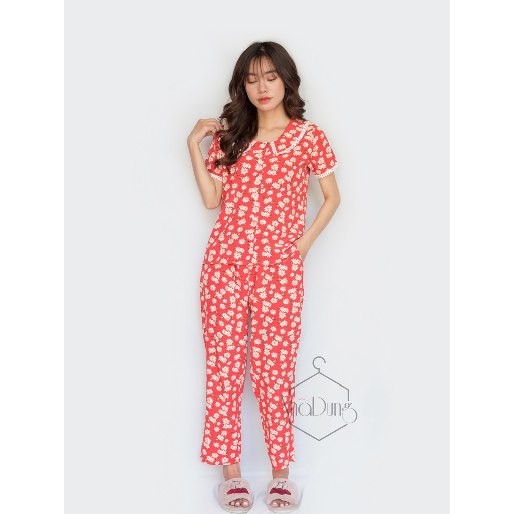 Đồ bộ nữ mặc nhà quần dài lụa cao cấp cổ sen họa tiết hoa nhí dễ thương Nhã Dung Store siêu mát 40kg đến 65kg