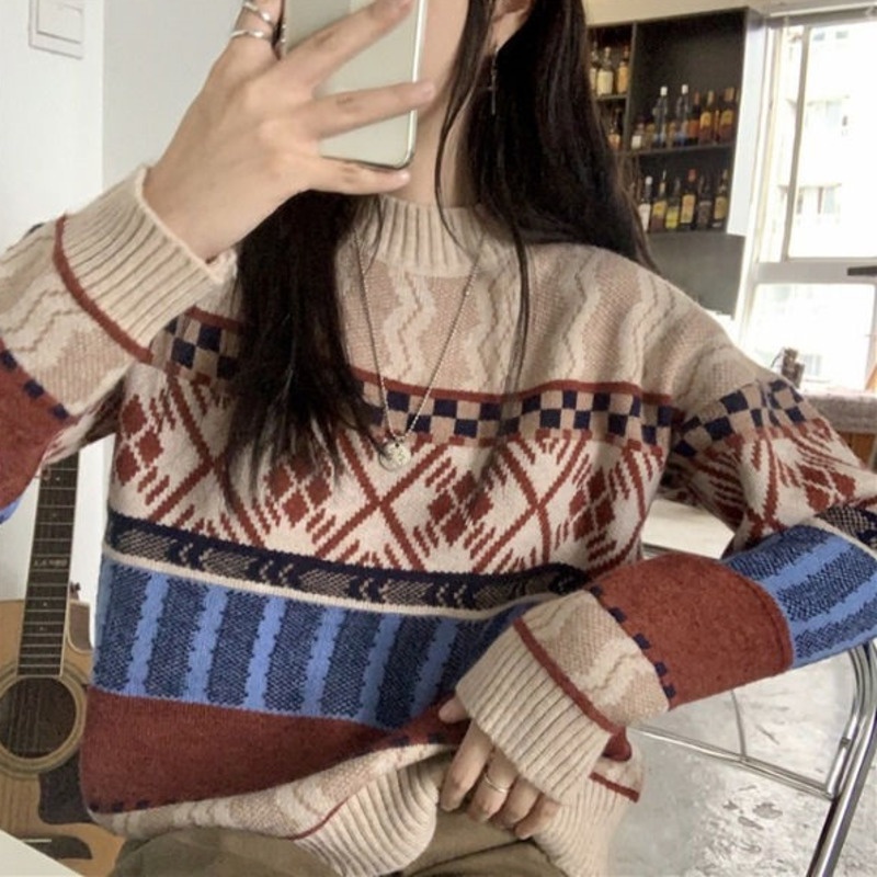 Áo Sweater Tay Dài Màu Sắc Tương Phản Phong Cách Hàn Quốc 182063 Áo Len Cổ Tròn Form Rộng Kiểu Dáng Retro Hợp Thời Trang