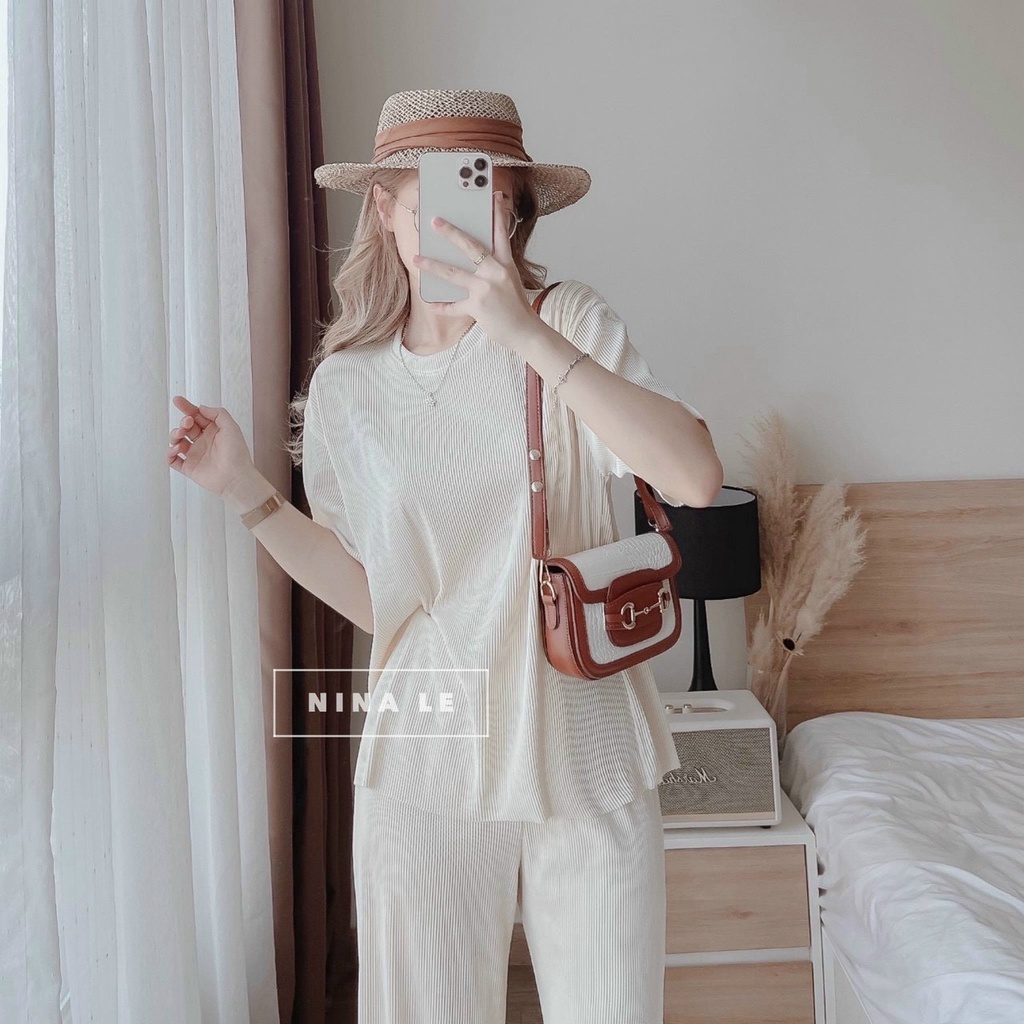 Set Bộ Đi Chơi Trơn Nữ Quần Dài Ống Đứng Áo Basic Ngắn Tay Chất Thun Gân