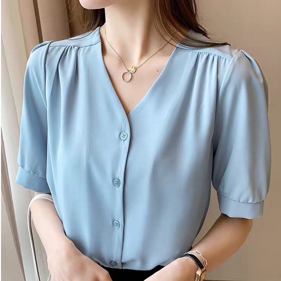 SUXI Áo Sơ Mi Tay Ngắn Cổ Chữ V Dáng Rộng Phong Cách Hàn Quốc Thời Trang Mùa Hè Cho Nữ