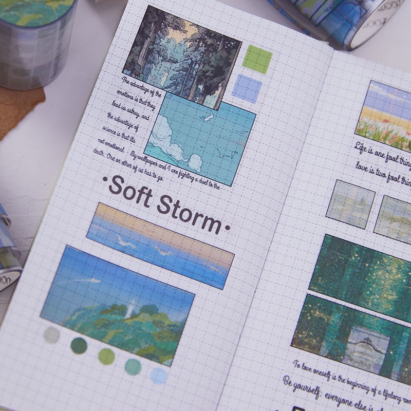 Băng keo washi tape phong cảnh kèm chữ giấy PET - 6 mẫu