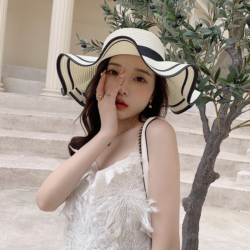 [Hàng Sẵn] Nón Cói nữ nơ kép vành sóng có vành lớn chống nắng mùa hè Thoải mái Thời trang đi biển【Texas053】