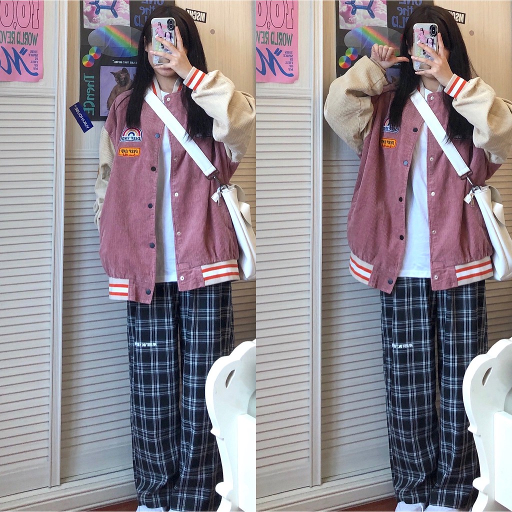 (ORDER) Áo khoác bomber màu hồng phối tay be kiểu dáng hàn quốc cute phô mai que