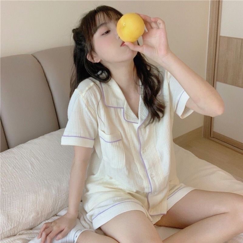 Sweetiebaby_ Bộ ngủ / mặc nhà pyjama dài muslin trơn ulzzang trắng viền tím rẻ nhất shopee