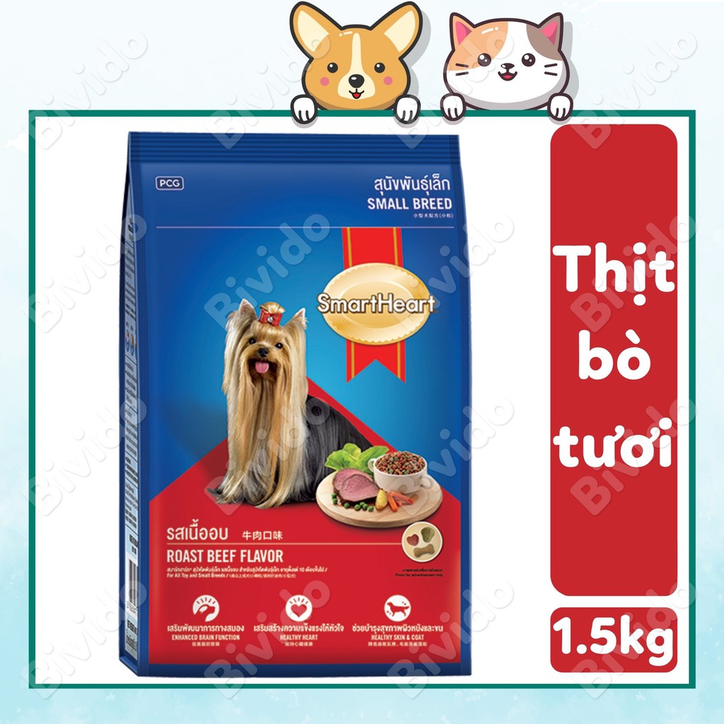 Thức ăn chó lớn giống nhỏ Smartheart Small Breed Adult vị bò túi 1.5kg - Bivido