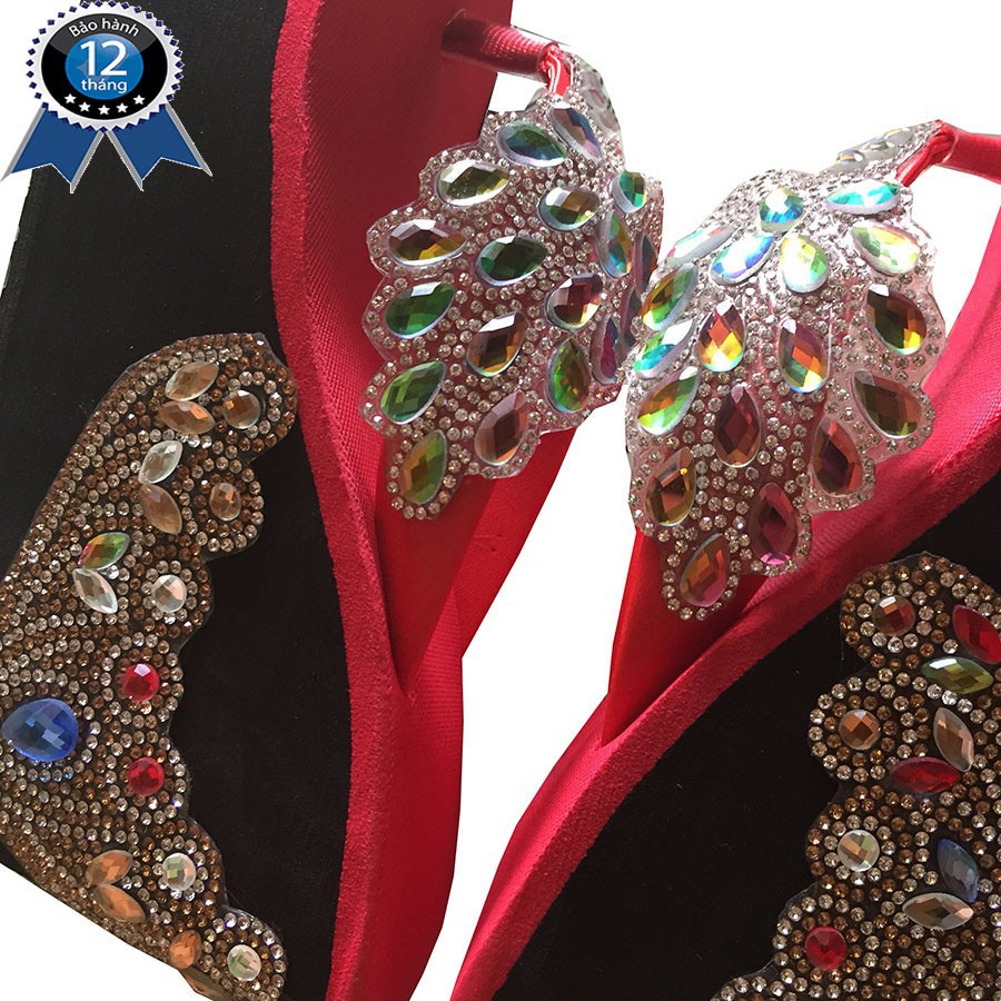 Dép kẹp chim công dán gót vươn miện màu đỏ cao 10cm