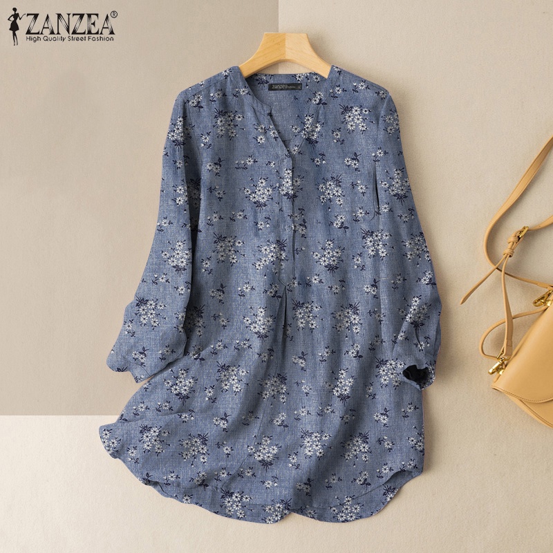 ZANZEA Áo Sơ Mi Tay Dài Cổ Chữ V In Họa Tiết Vintage Thời Trang Cho Nữ