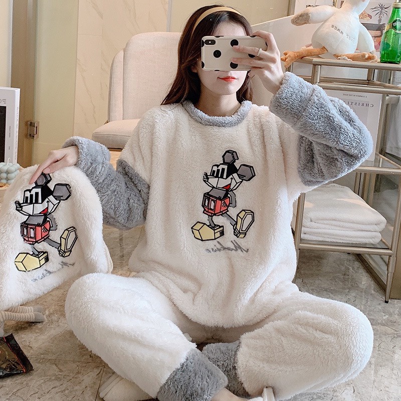 Bộ mặc nhà nữ, bộ ngủ nữ hình chuột Mickey lông 2 mặt kèm túi đựng xinh xắn 2 màu
