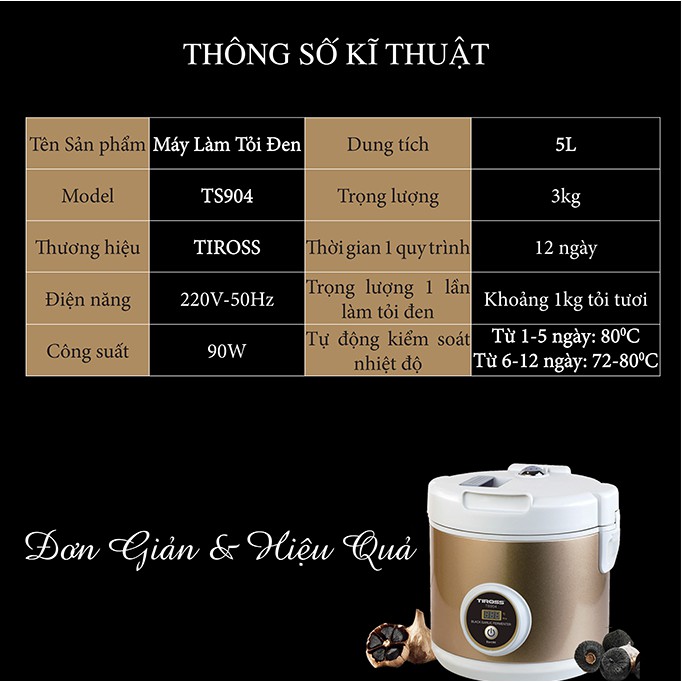 [Mã 44ELSALE2 giảm 7% đơn 300K] [Tiross123] Máy làm tỏi đen Tiross TS904 ,Sản Phẩm Chính Hãng, Bảo Hành 12 Tháng