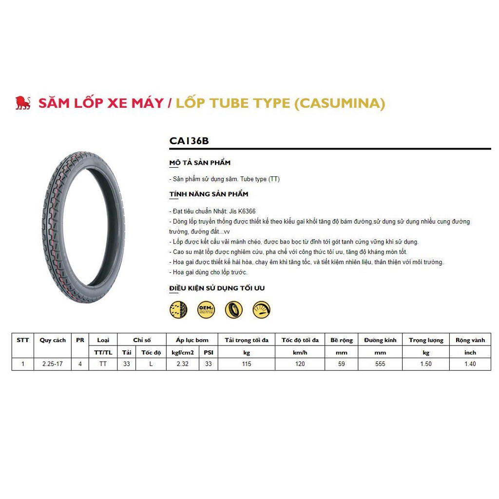 Vỏ Lốp Trước Casumina Cho Xe Máy 2.25 - 17 ( 70/90 - 17 ) Loại Tốt Dành cho Wave, Dream, Sirius, Taurus,…