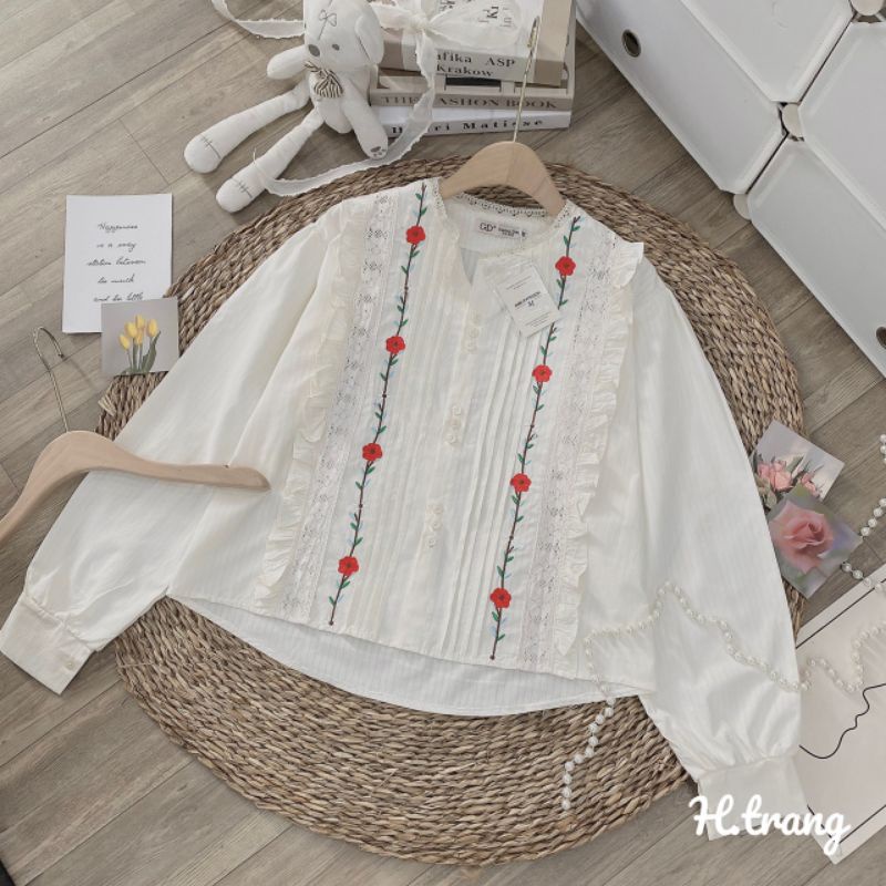Sơ mi viền ren thêu hoa siêu xinh