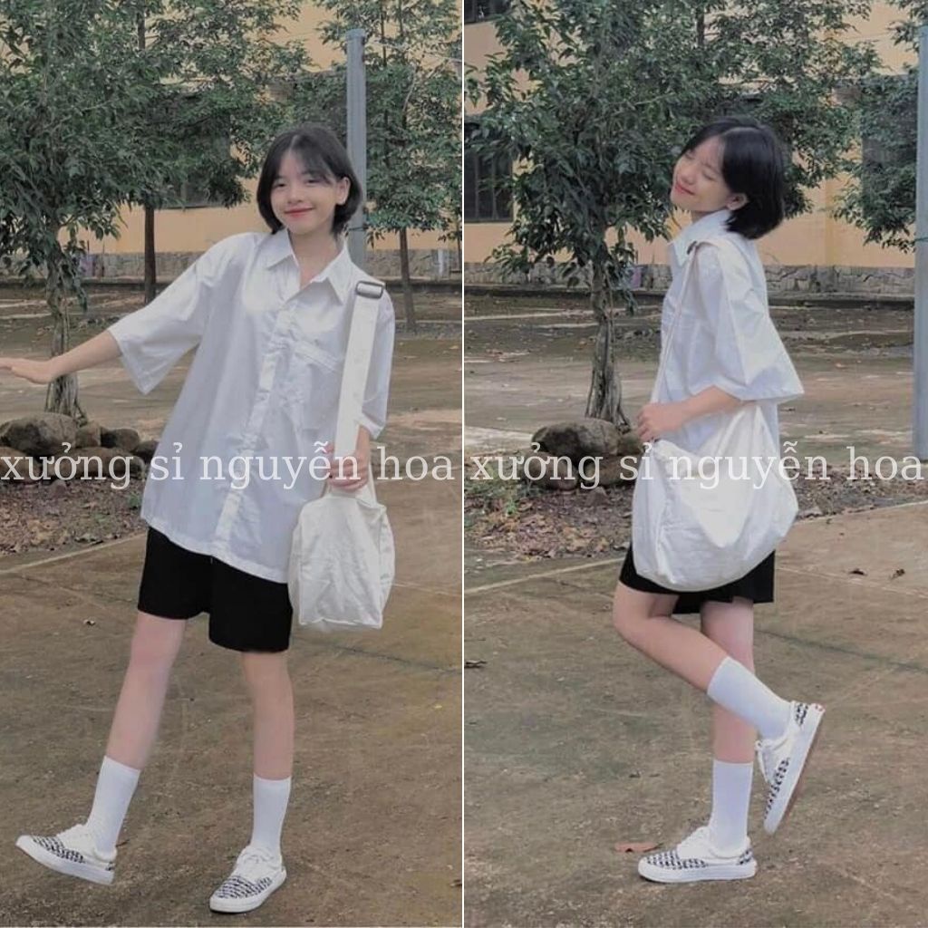 Áo sơ mi trắng unisex ngắn tay túi ngực form dáng rộng nam nữ mặc được Xưởng Sỉ Nguyễn Hoa