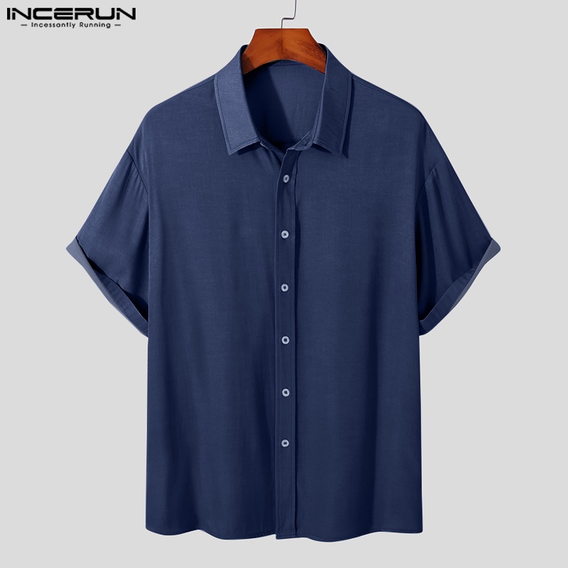 Áo sơ mi denim INCERUN ngắn tay màu trơn phối túi hộp thời trang cho nam