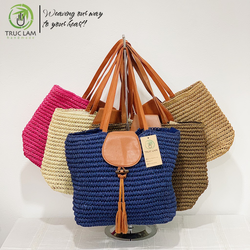 Túi Cói Tote Thời Trang Nữ Quai Và Nắp Da Trang Trí Quả Tua Rua – Trúc Lâm Handmade
