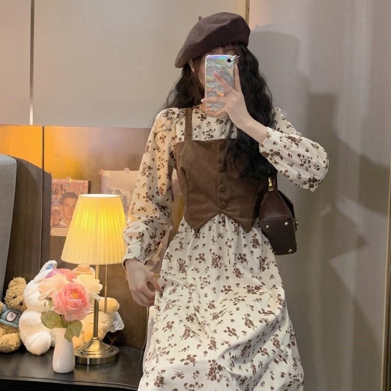 Đầm Hoa Giả Hai Mảnh Dáng Dài Phong Cách Retro Pháp Thiết Kế Mới 2022 Cho Nữ