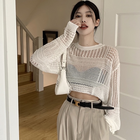 NUZIRO  Áo Len Tay Dài Phối Lưới Thời Trang Cho Nữ