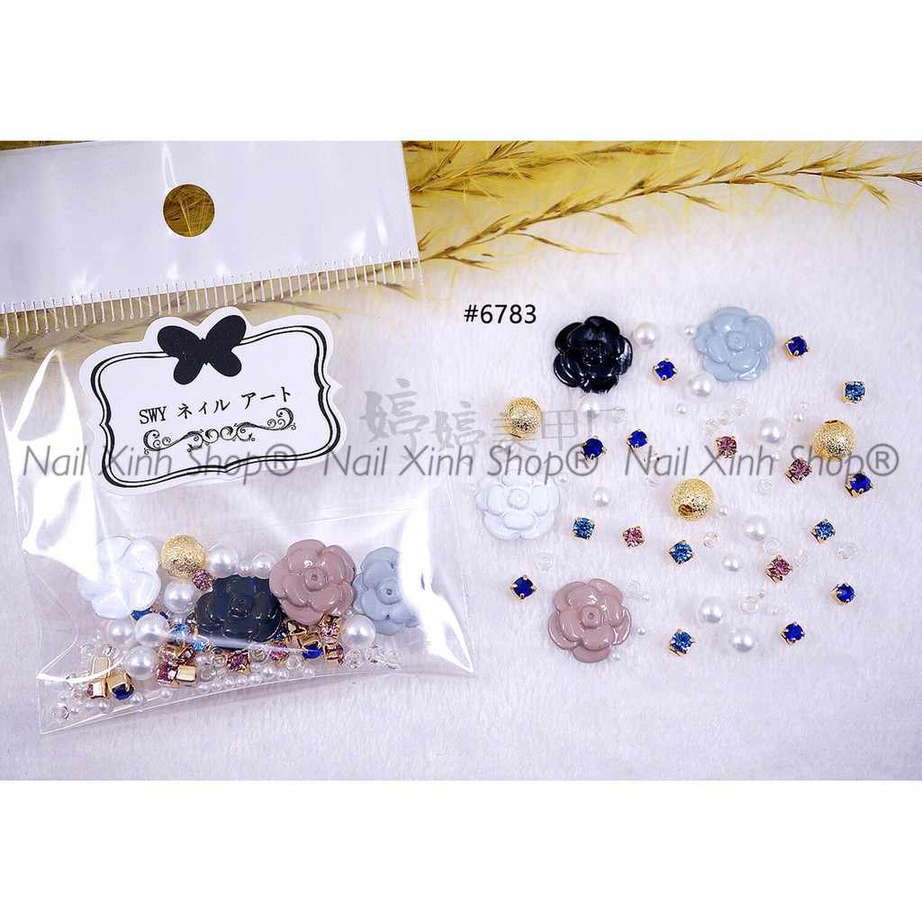 Túi mix đá nail,hoa,châu hạt,charm... phong cách Nhật, phụ kiên nail cao cấp, phụ kiện nail hot