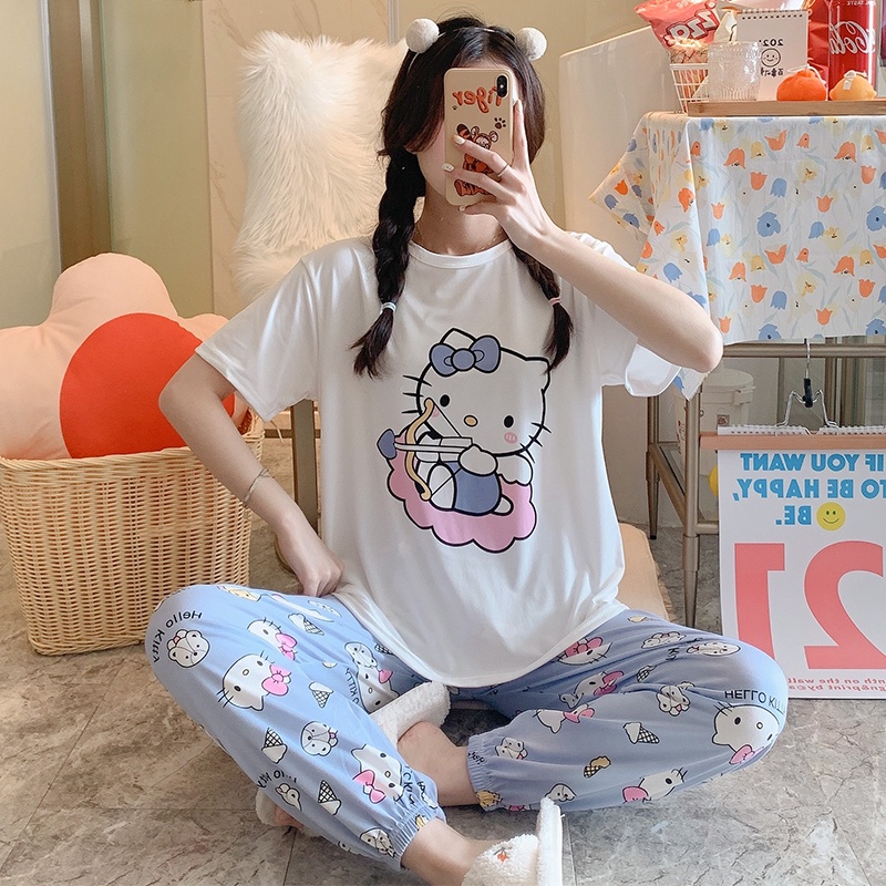 Bộ Đồ Ngủ Áo Tay Ngắn Phối Quần Dài Dễ Thương Cho Phụ Nữ | BigBuy360 - bigbuy360.vn