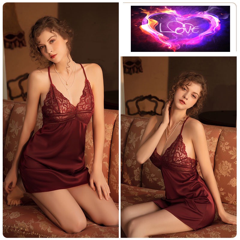 [ Tặng quần chip] Váy ngủ lụa phối ren cao cấp đồ ngủ sexy nữ gợi cảm quyến rũ