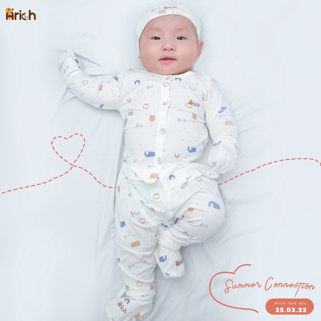 Bộ quần áo dài cài thẳng họa tiết mới Arich vải sợi tre ( size 0- 18 tháng)