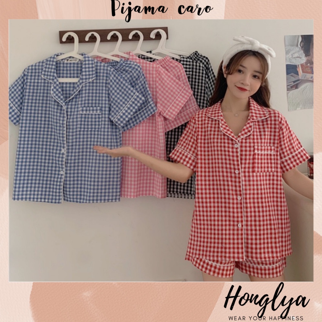 [Ảnh thật] Bộ ngủ cộc cộc kẻ caro siêu dễ thương Pijama kẻ caro Pizama dễ thương Pyjama