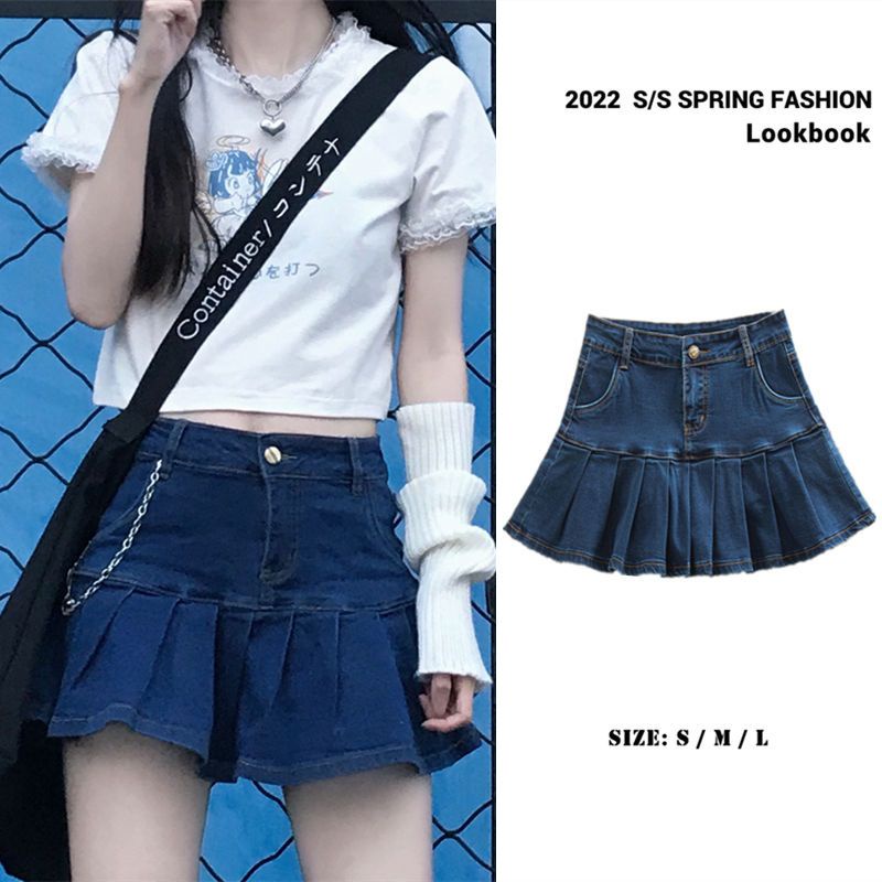 Chân Váy Denim Chữ a Lưng Cao Xếp Ly Thời Trang Xuân Hè Phong Cách Hàn Quốc Y2k