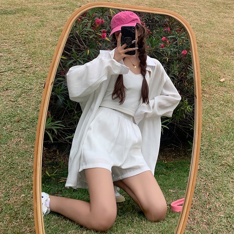 QKOOLE  Áo Sơ Mi Tay Dài Dáng Rộng Chống Nắng Thời Trang Hàn Quốc Cho Nữ