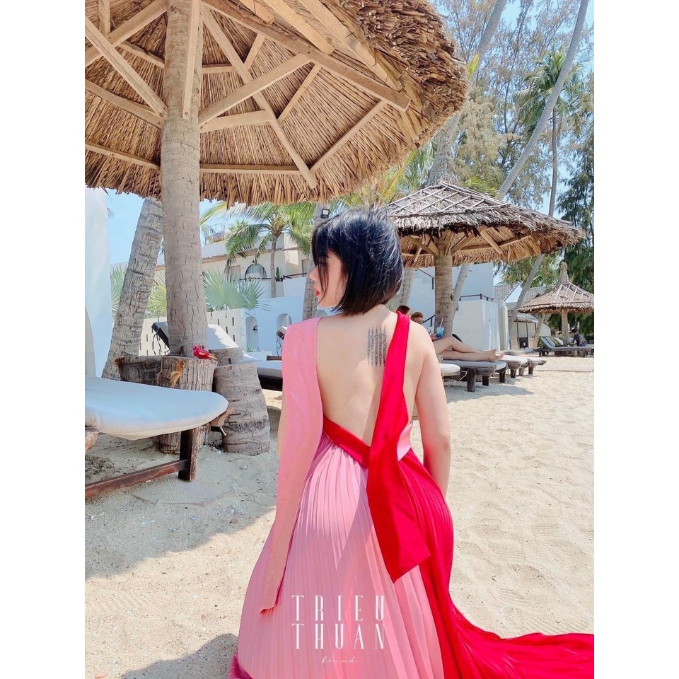 Đầm maxi dập ly cổ yếm phối màu đi tiệc đi biển xinh đẹp sống ảo XUKA-DRESS DT051