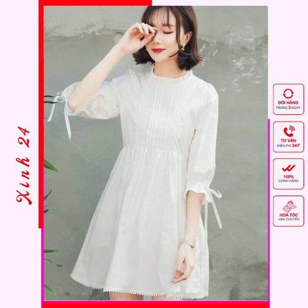 Đầm váy babydoll trắng tay nơ (kèm hình thật) | BigBuy360 - bigbuy360.vn
