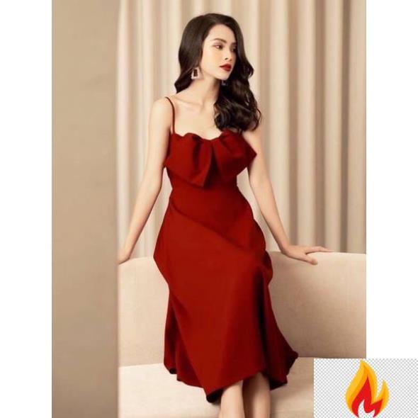 Đầm dáng xoè hai dây cotton nơ ngực màu đỏ đô sang trọng dự tiệc đi chơi dạo phố xinh xắn MN114 Mina -mjk8