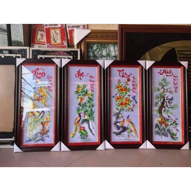 Tranh tứ quý thêu sẵn