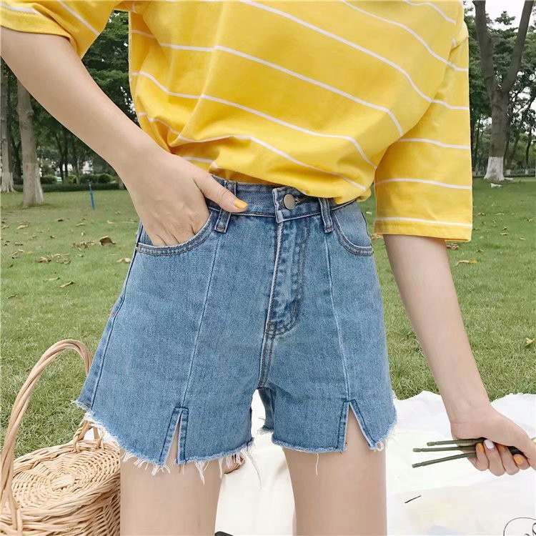 Quần short jeans lưng cao ống rộng phong cách Hàn Quốc cho nữ