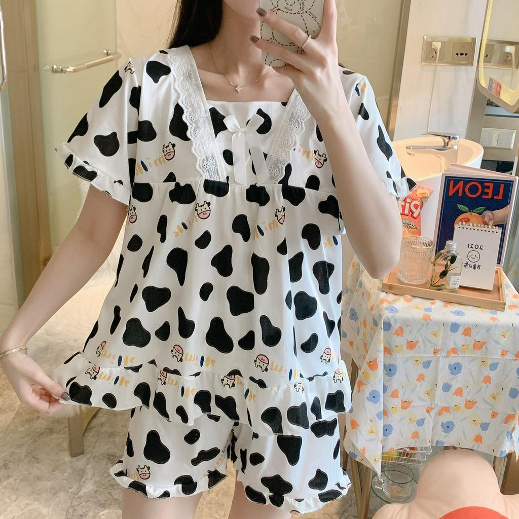 Bộ Đồ Ngủ Ngắn Tay In Họa Tiết Bò Sữa Xinh Xắn Dành Cho Nữ